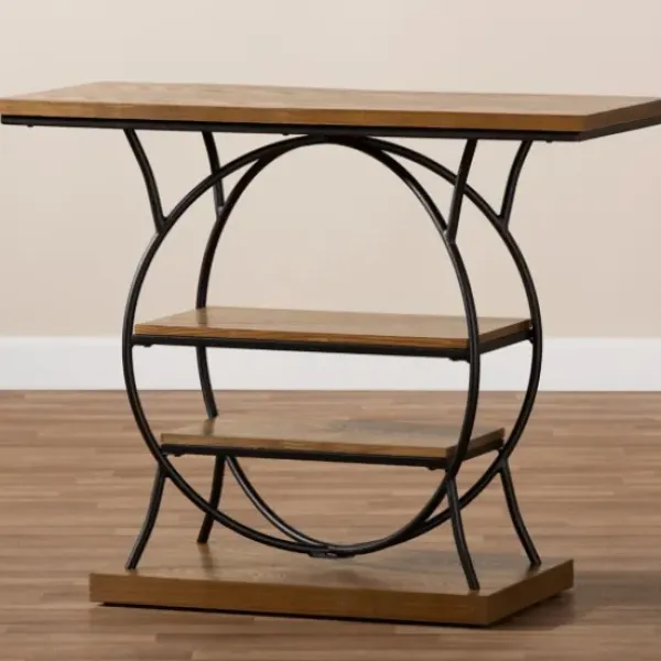 Console Tables-Kirkland's Home Brown Wood And Metal Circle Center Console Table