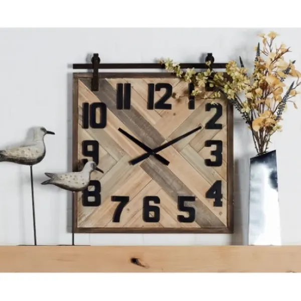 Clocks-Kirkland's Home Brown Wood Black Metal Accent Square Wall Clock