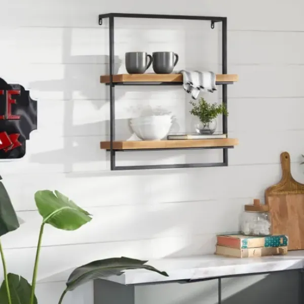 Shelves-Kirkland's Home Brown Wood Black Metal Frame Wall Shelves