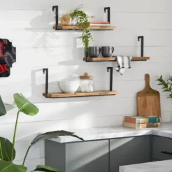 Shelves-Kirkland's Home Brown Wood Black Metal Frame 3-Pc. Wall Shelves