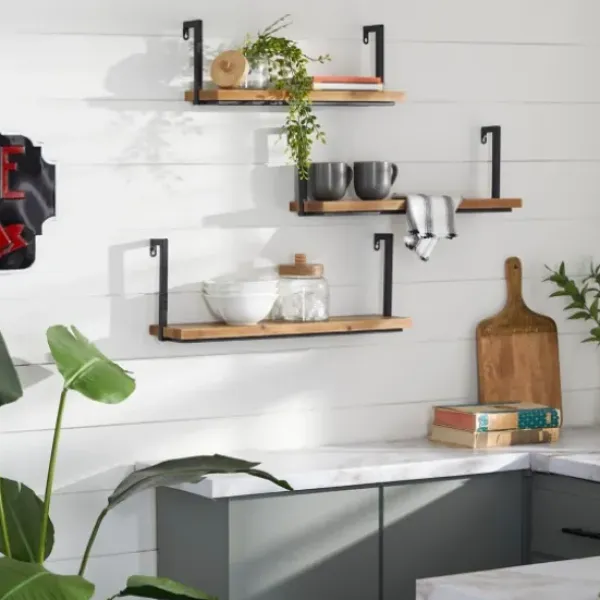 Shelves-Kirkland's Home Brown Wood Black Metal Frame 3-Pc. Wall Shelves