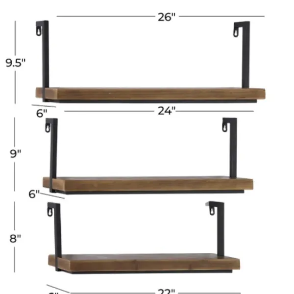 Shelves-Kirkland's Home Brown Wood Black Metal Frame 3-Pc. Wall Shelves