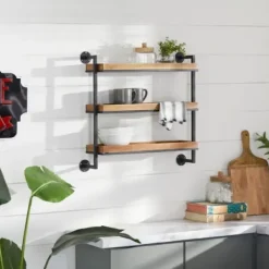 Shelves-Kirkland's Home Brown Wood Black Metal Pipe Frame Wall Shelf