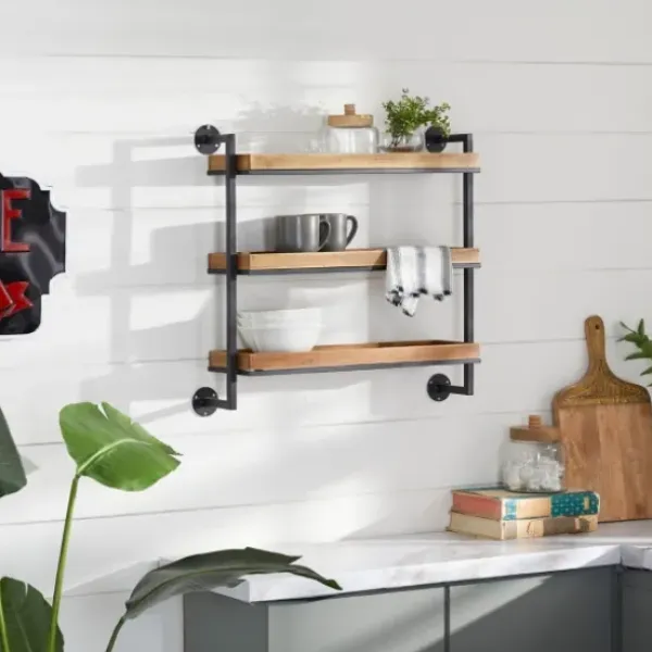 Shelves-Kirkland's Home Brown Wood Black Metal Pipe Frame Wall Shelf
