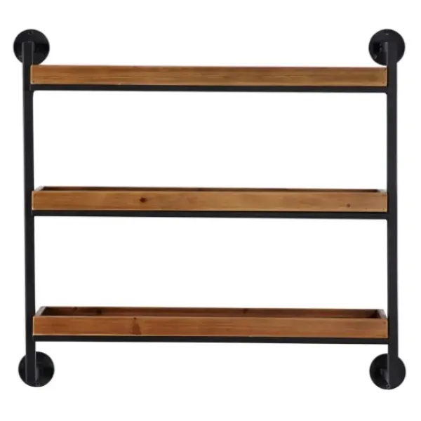 Shelves-Kirkland's Home Brown Wood Black Metal Pipe Frame Wall Shelf