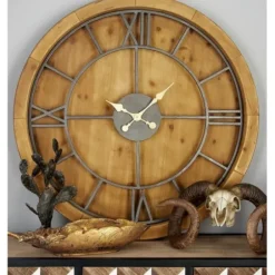 Clocks-Kirkland's Home Brown Wood Frame Black Metal Cutout Wall Clock