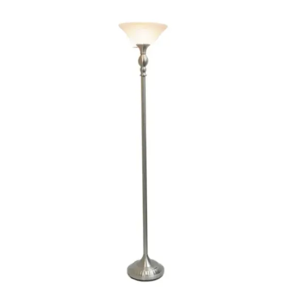 Floor Lamps-Kirkland's Home Brushed Nickel And Marbleized Glass Torchiere Silver