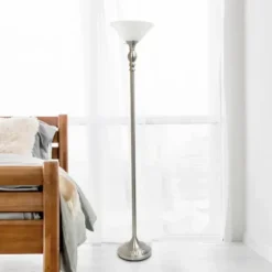 Floor Lamps-Kirkland's Home Brushed Nickel And Marbleized Glass Torchiere Silver