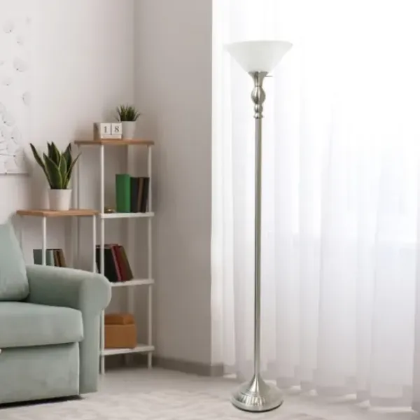 Floor Lamps-Kirkland's Home Brushed Nickel And Marbleized Glass Torchiere Silver