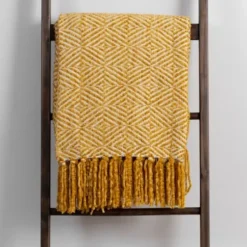 Blankets & Throws-Kirkland's Home Butter Diamond Chenille Throw Yellow