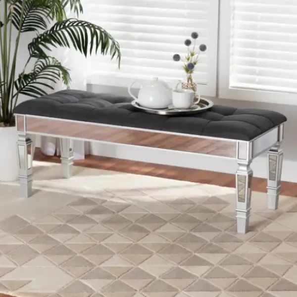 Benches & Ottomans-Kirkland's Home Button Tufted Bench With Mirrored Base Gray