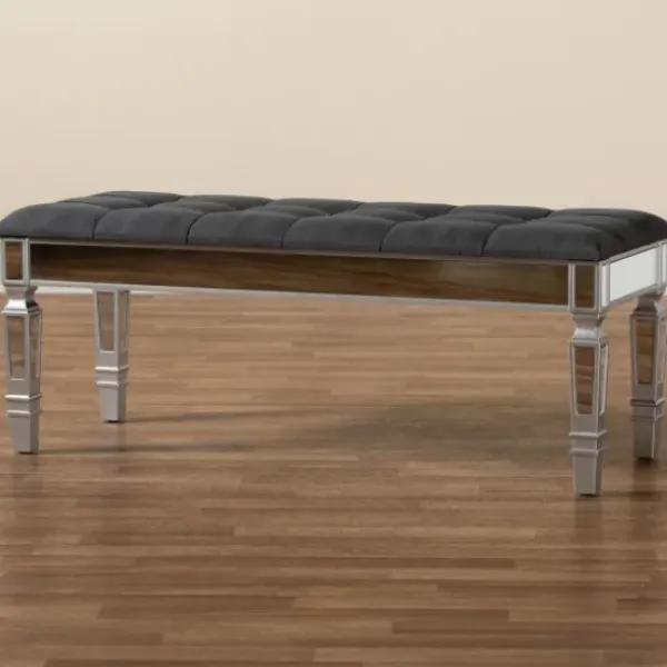Benches & Ottomans-Kirkland's Home Button Tufted Bench With Mirrored Base Gray