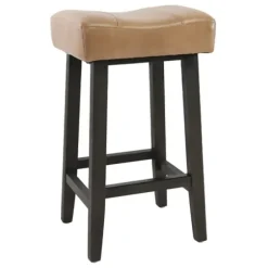 Bar Stools & Counter Height Stools-Kirkland's Home Camel Wood And Leather Backless Stool Tan