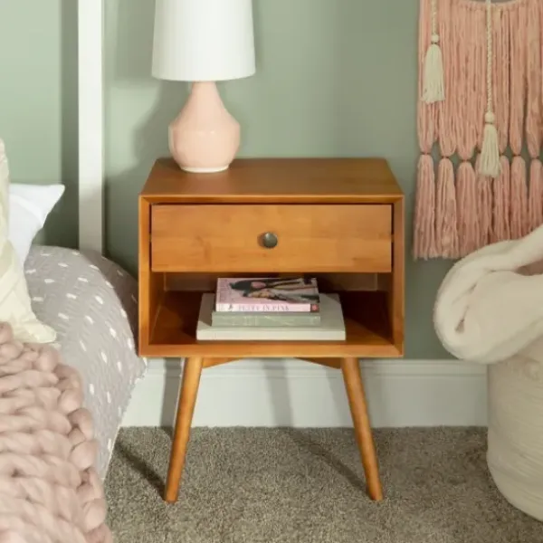 Nightstands-Kirkland's Home Caramel 1-Drawer Mid Century Nightstand Brown