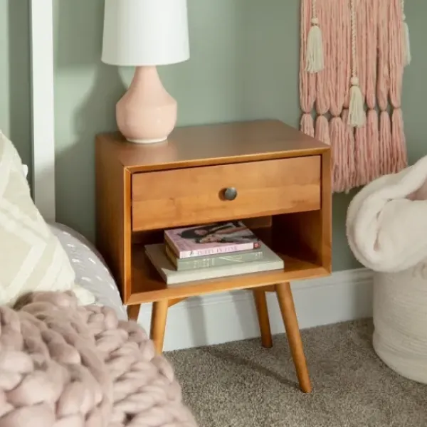 Nightstands-Kirkland's Home Caramel 1-Drawer Mid Century Nightstand Brown