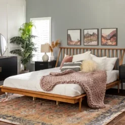 Beds & Headboards-Kirkland's Home Caramel Mid-Century Modern Platform King Bed Frame Brown