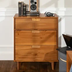 Dressers & Chests-Kirkland's Home Caramel Mid-Century Modern 3-Drawer Wood Chest Brown