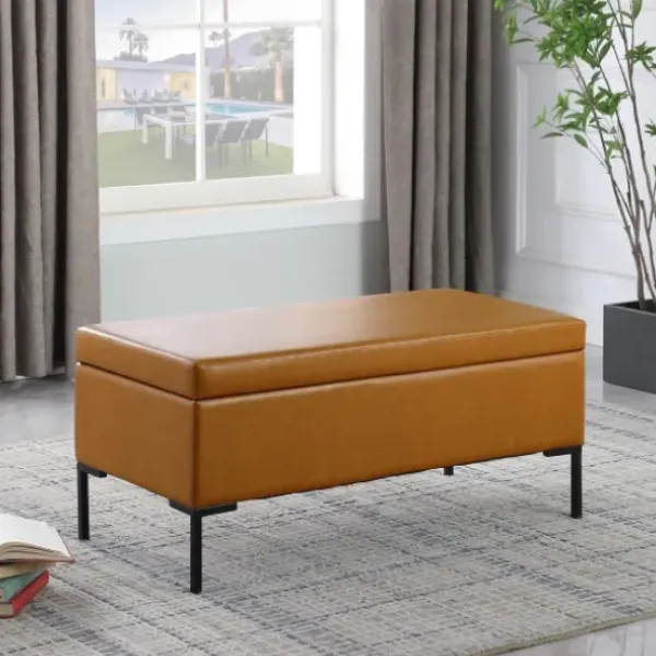 Benches & Ottomans-Kirkland's Home Caramel Vegan Leather Storage Bench Brown