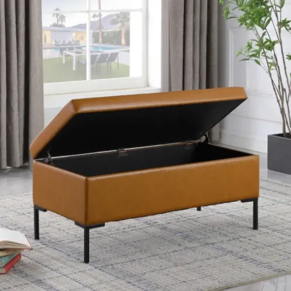 Benches & Ottomans-Kirkland's Home Caramel Vegan Leather Storage Bench Brown