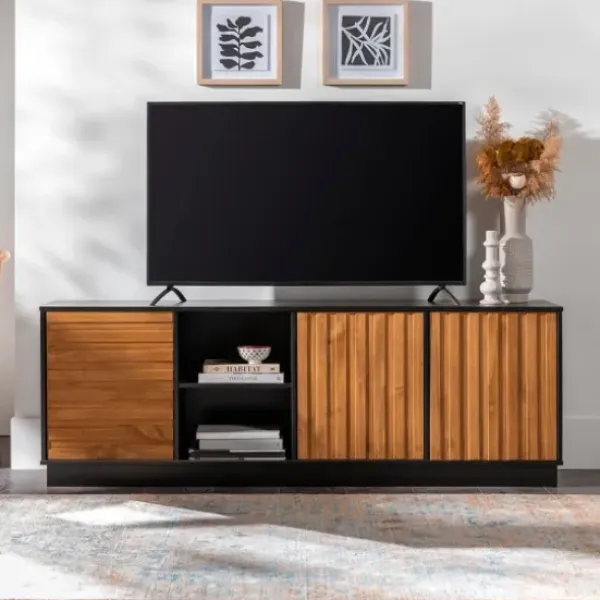 Tv Stands & Media Consoles-Kirkland's Home Carmel Wood Grooved Doors Tv Stand Brown
