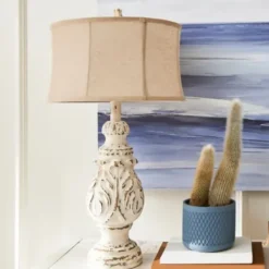 Table Lamps-Kirkland's Home Caroline Distressed Cream Table Lamp Tan