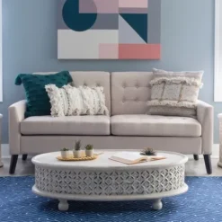 Coffee Tables-Kirkland's Home Carved Lattice Wood Oval Coffee Table White