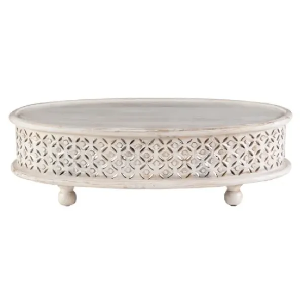 Coffee Tables-Kirkland's Home Carved Lattice Wood Oval Coffee Table White