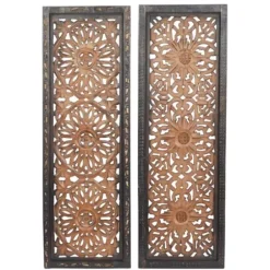 Wall Plaques-Kirkland's Home Carved Mahogany 2-Pc. Floral Motif Plaque Set Brown/Black/Gold