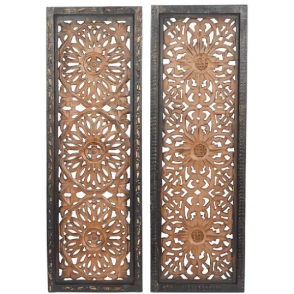 Wall Plaques-Kirkland's Home Carved Mahogany 2-Pc. Floral Motif Plaque Set Brown/Black/Gold