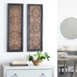 Wall Plaques-Kirkland's Home Carved Mahogany 2-Pc. Floral Motif Plaque Set Brown/Black/Gold