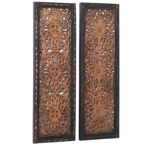 Wall Plaques-Kirkland's Home Carved Mahogany 2-Pc. Floral Motif Plaque Set Brown/Black/Gold