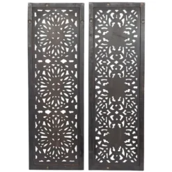 Wall Plaques-Kirkland's Home Carved Mahogany 2-Pc. Floral Motif Plaque Set Brown/Black/Gold
