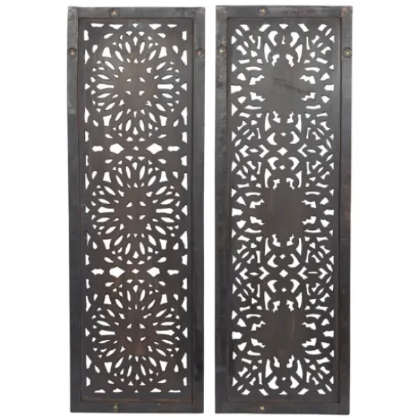 Wall Plaques-Kirkland's Home Carved Mahogany 2-Pc. Floral Motif Plaque Set Brown/Black/Gold