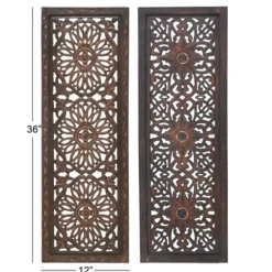 Wall Plaques-Kirkland's Home Carved Mahogany 2-Pc. Floral Motif Plaque Set Brown/Black/Gold