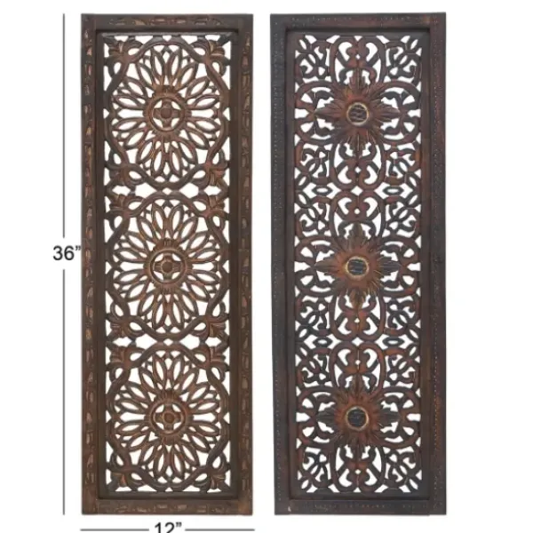 Wall Plaques-Kirkland's Home Carved Mahogany 2-Pc. Floral Motif Plaque Set Brown/Black/Gold