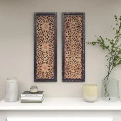 Wall Plaques-Kirkland's Home Carved Mahogany 2-Pc. Floral Motif Plaque Set Brown/Black/Gold