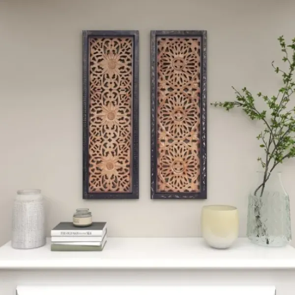 Wall Plaques-Kirkland's Home Carved Mahogany 2-Pc. Floral Motif Plaque Set Brown/Black/Gold