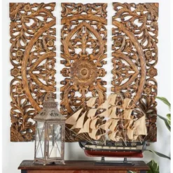 Wall Plaques-Kirkland's Home Carved Mahogany 3-Pc. Triptych Wall Panels Gold