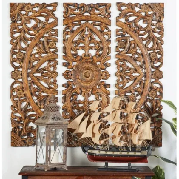 Wall Plaques-Kirkland's Home Carved Mahogany 3-Pc. Triptych Wall Panels Gold