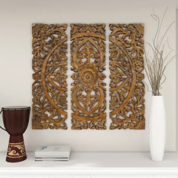 Wall Plaques-Kirkland's Home Carved Mahogany 3-Pc. Triptych Wall Panels Gold