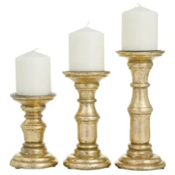 Candle Holders-Kirkland's Home Carved Mango Wood Candle Holders, Set Of 3 Gold