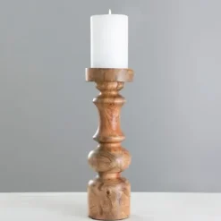 Candle Holders-Kirkland's Home Carved Natural Mango Wood Candle Holder, 12 In. Brown