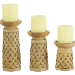 Candle Holders-Kirkland's Home Carved Triangles Wood Candle Holders, Set Of 3 Brown
