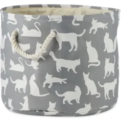Baskets & Boxes-Kirkland's Home Cats Meow Round Storage Bin, 15 In. Gray