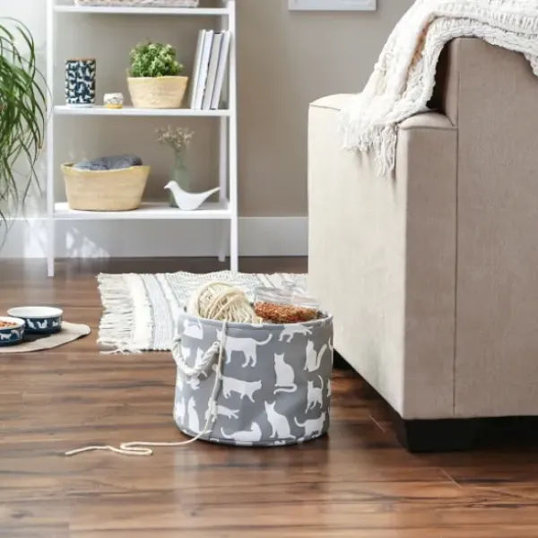 Baskets & Boxes-Kirkland's Home Cats Meow Round Storage Bin, 15 In. Gray