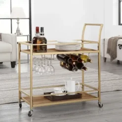 Kitchen Islands & Bar Carts-Kirkland's Home Celeste Gold Metal And Wood Bar Cart