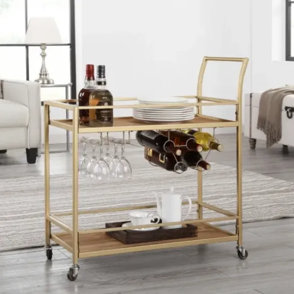 Kitchen Islands & Bar Carts-Kirkland's Home Celeste Gold Metal And Wood Bar Cart