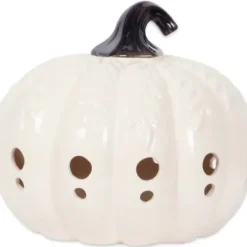 Lanterns-Kirkland's Home Ceramic Leaf Pre-Lit Pumpkin Lantern White