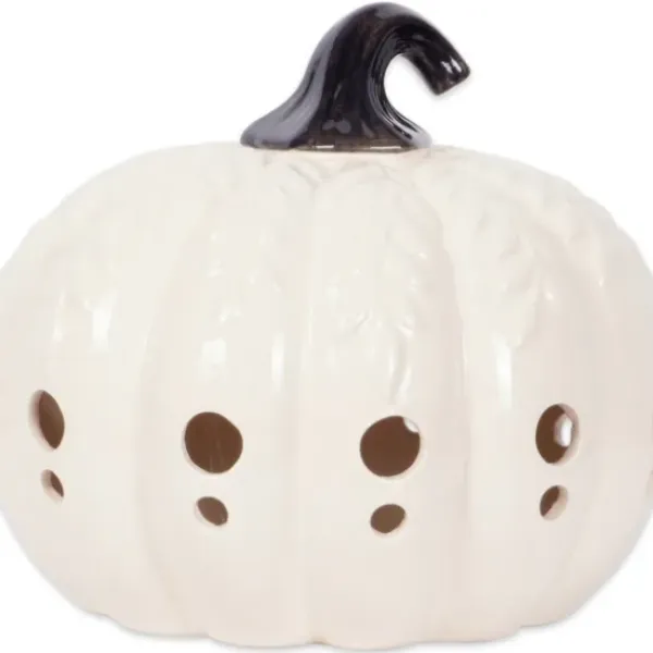Lanterns-Kirkland's Home Ceramic Leaf Pre-Lit Pumpkin Lantern White