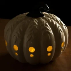 Lanterns-Kirkland's Home Ceramic Leaf Pre-Lit Pumpkin Lantern White